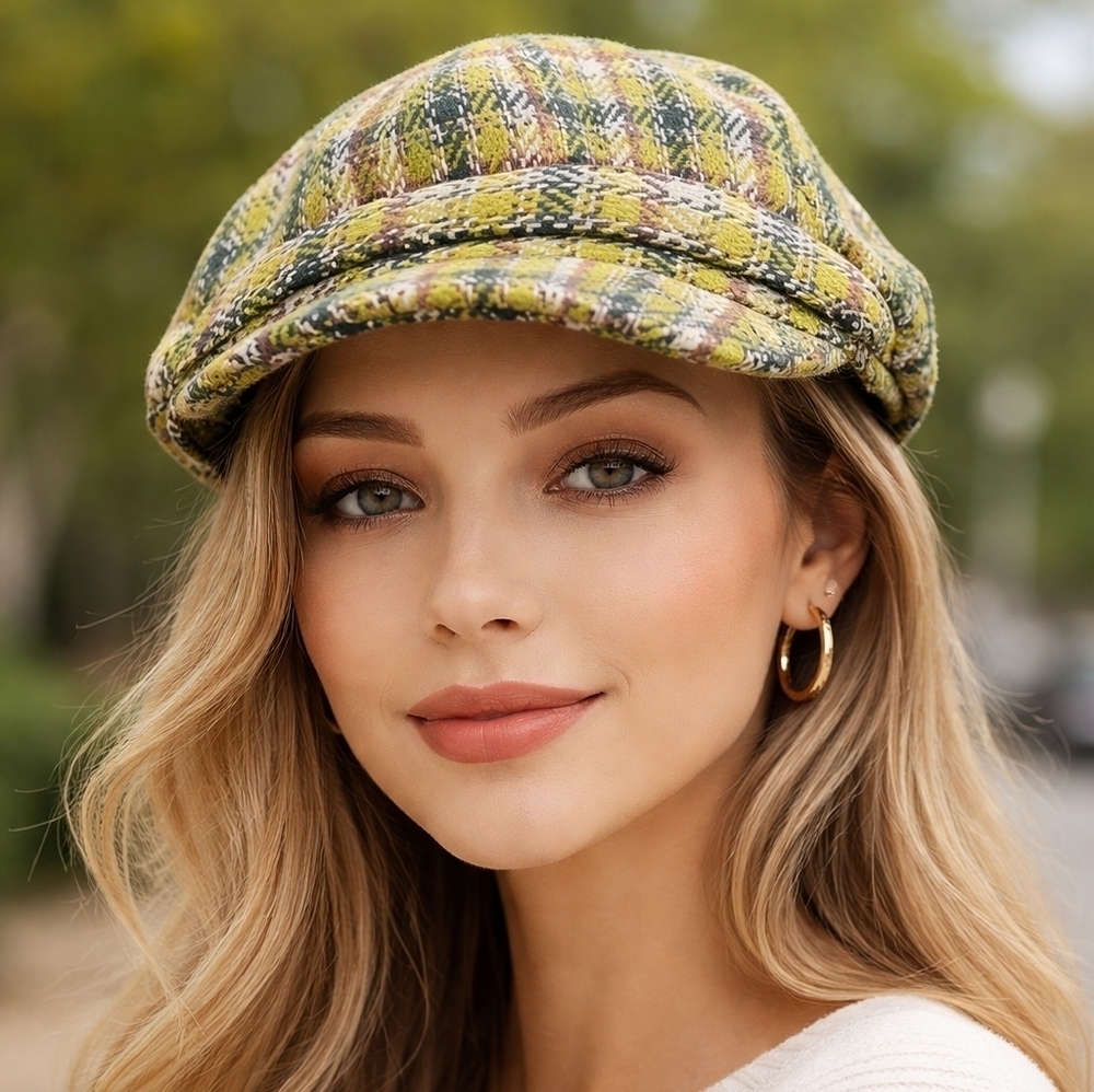 Vtg D&Y Lime Green Plaid Tweed Festival Cap